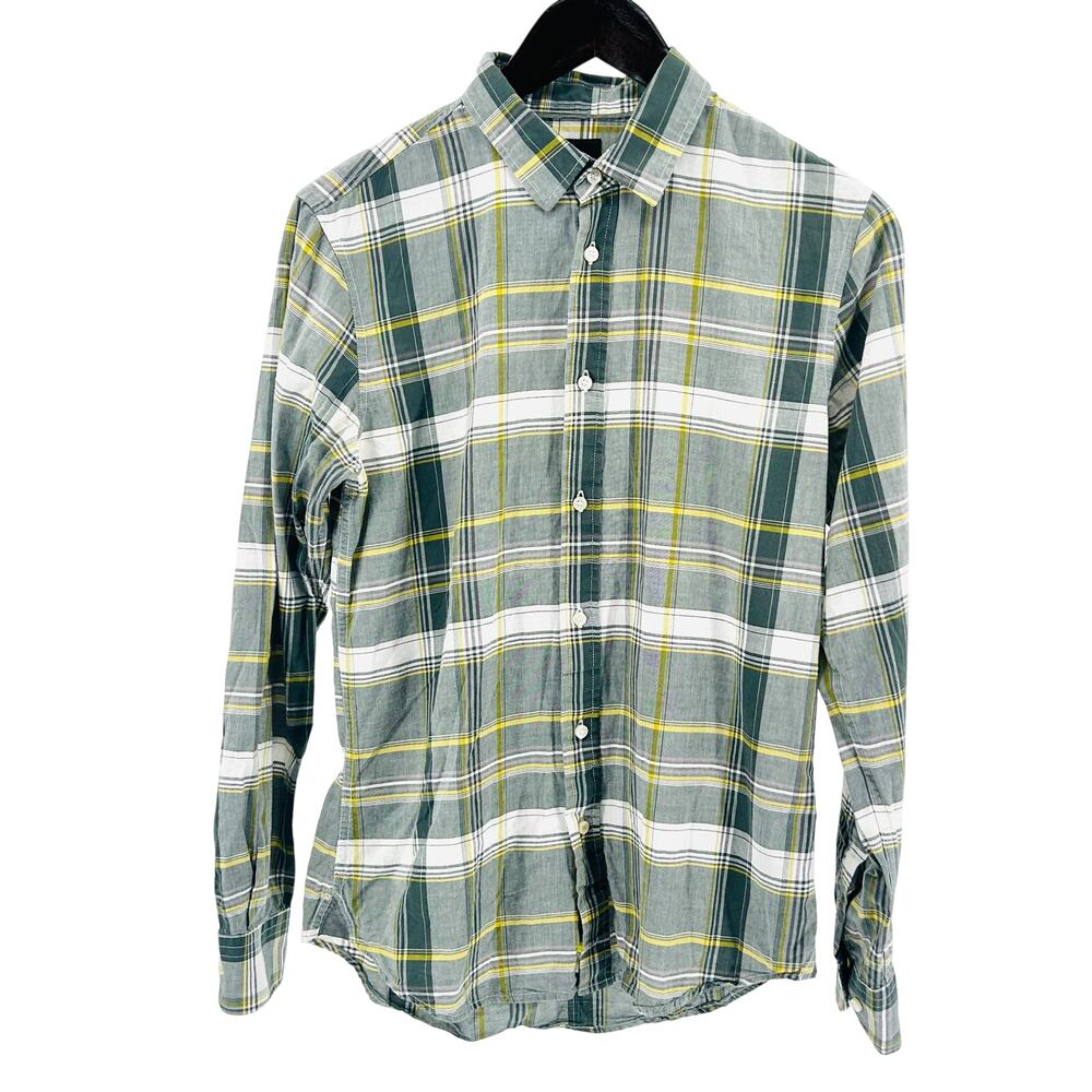 Sisley Grey Green Yellow Plaid 100% Cotton Slim Fit Button Down Shirt